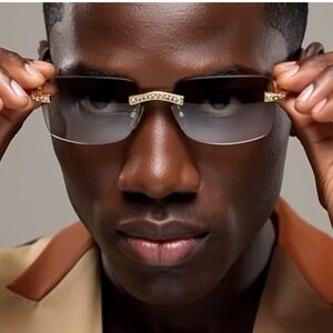 Rimless Sunglasses Gold Clear Lens Wood Grain Arms Rhinestone Accents Hip Hop‎